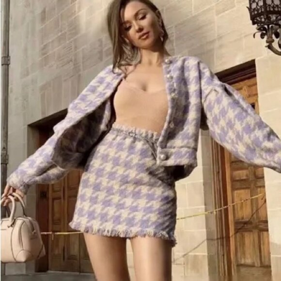 NEW Storets Lori Houndstooth 2 Piece Set Size Small Purple Wool Skirt Jacket NWT - Picture 2 of 14